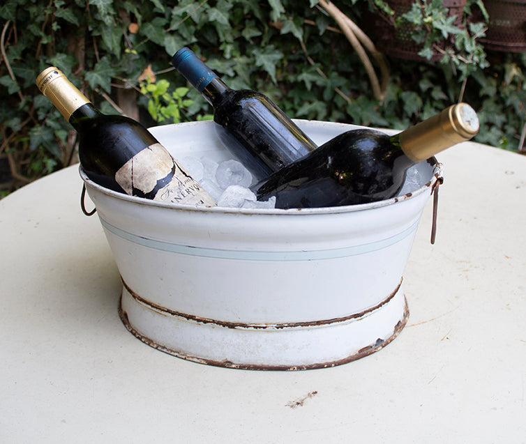 White Enamel Foot Bath with Pale Blue Band