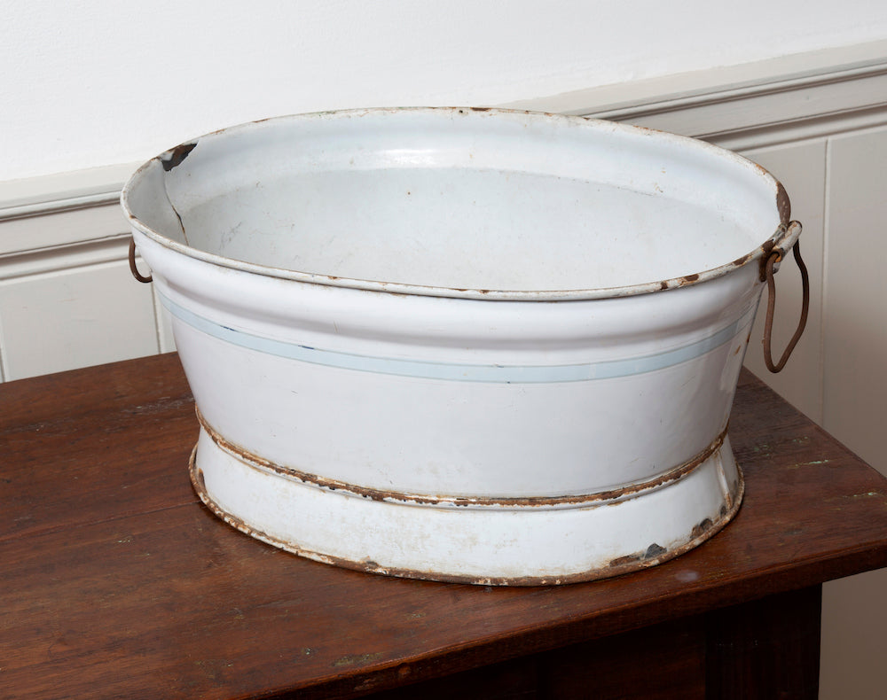 White Enamel Foot Bath with Pale Blue Band